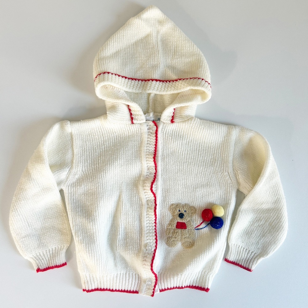 All Mine Toddlers‎ Vintage White Teddy Bear Balloon Hoodie Cardigan Sweater 24M